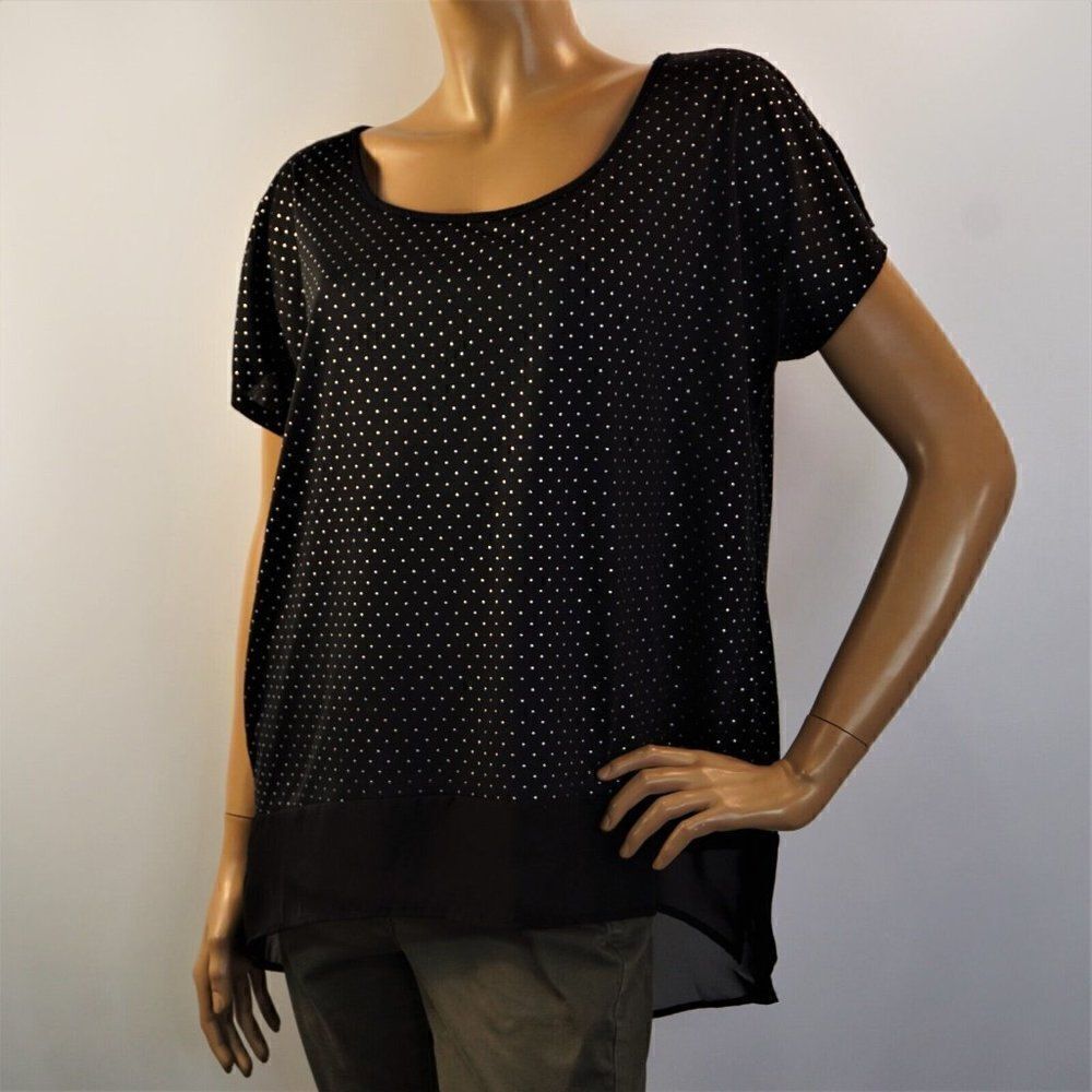 Studio Y Womens Top Swiss Dot Black Silver Contrasting Hem Size XL Blouse